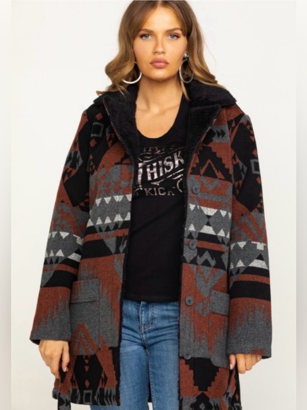 Idyllwind by Miranda Lambert Cozy Sherpa-Lined Aztec Cardigan Jacket Boho